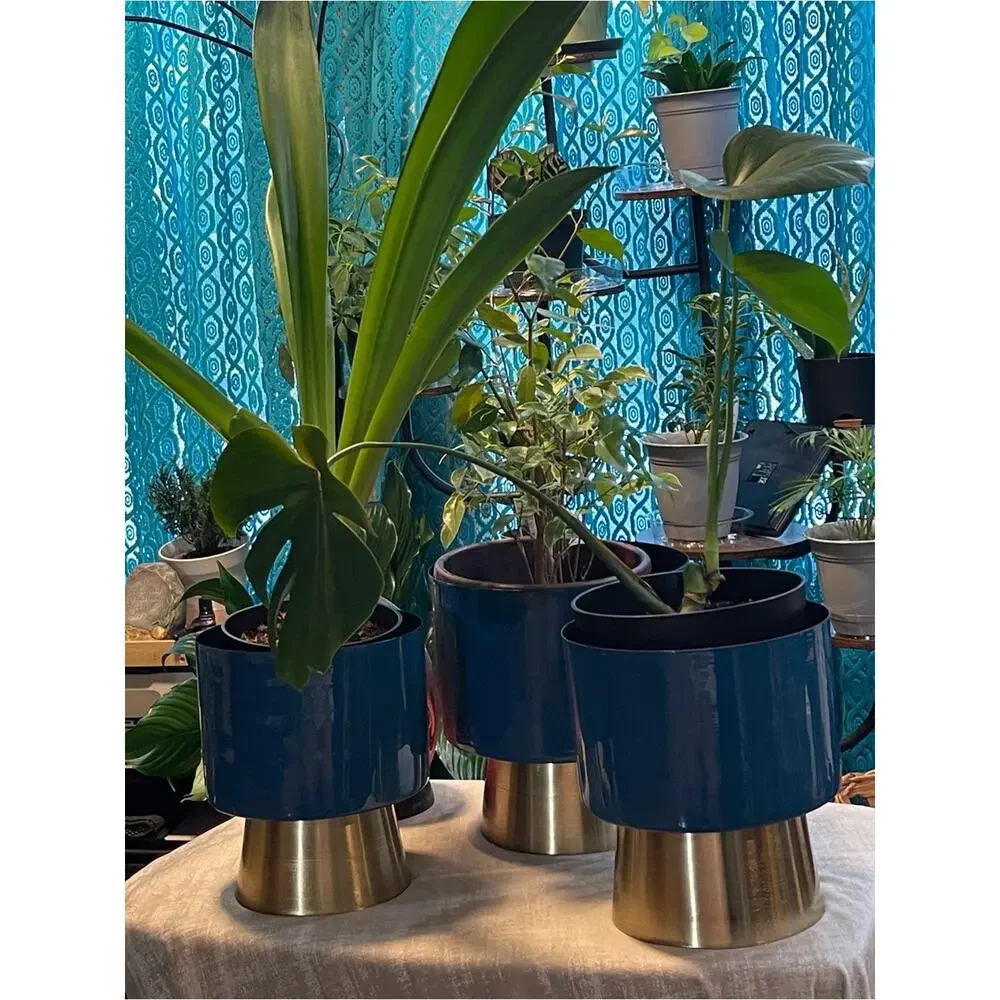 CosmoLiving NEW Blue & Gold Metal Planter 3/SET Modern Home Decor Indoor/Outdoor